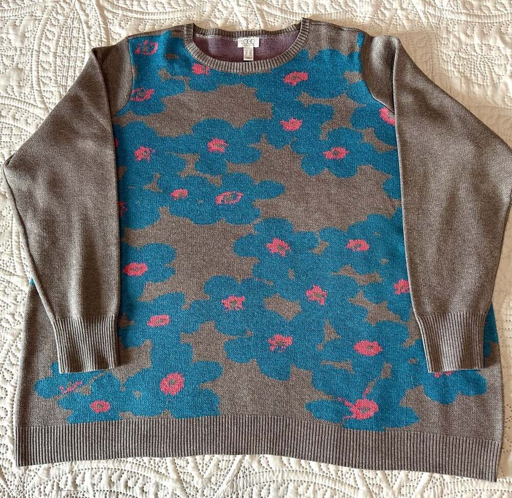 LOGO by Lori Goldstein Brown Blue Floral Sweater 2X